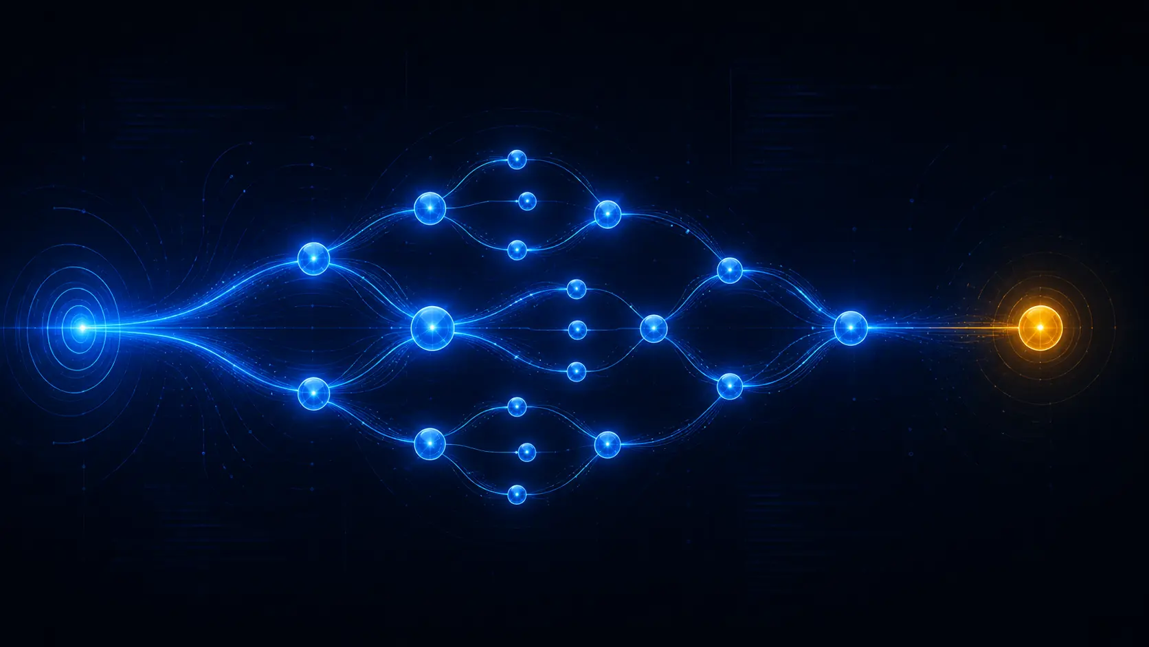 Abstract illustration of a cascade of luminous nodes branching and converging toward a single completion point, evoking agentic coding workflows