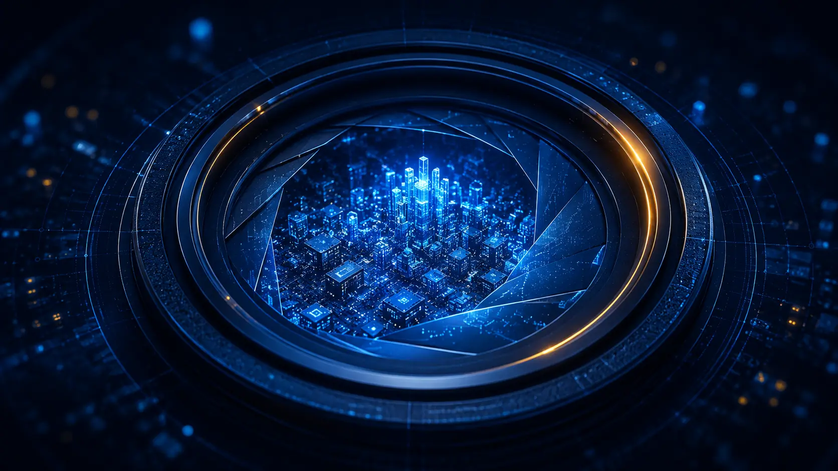 Abstract illustration of a camera aperture zoomed onto a richly detailed circuit-board surface, evoking high-resolution machine vision
